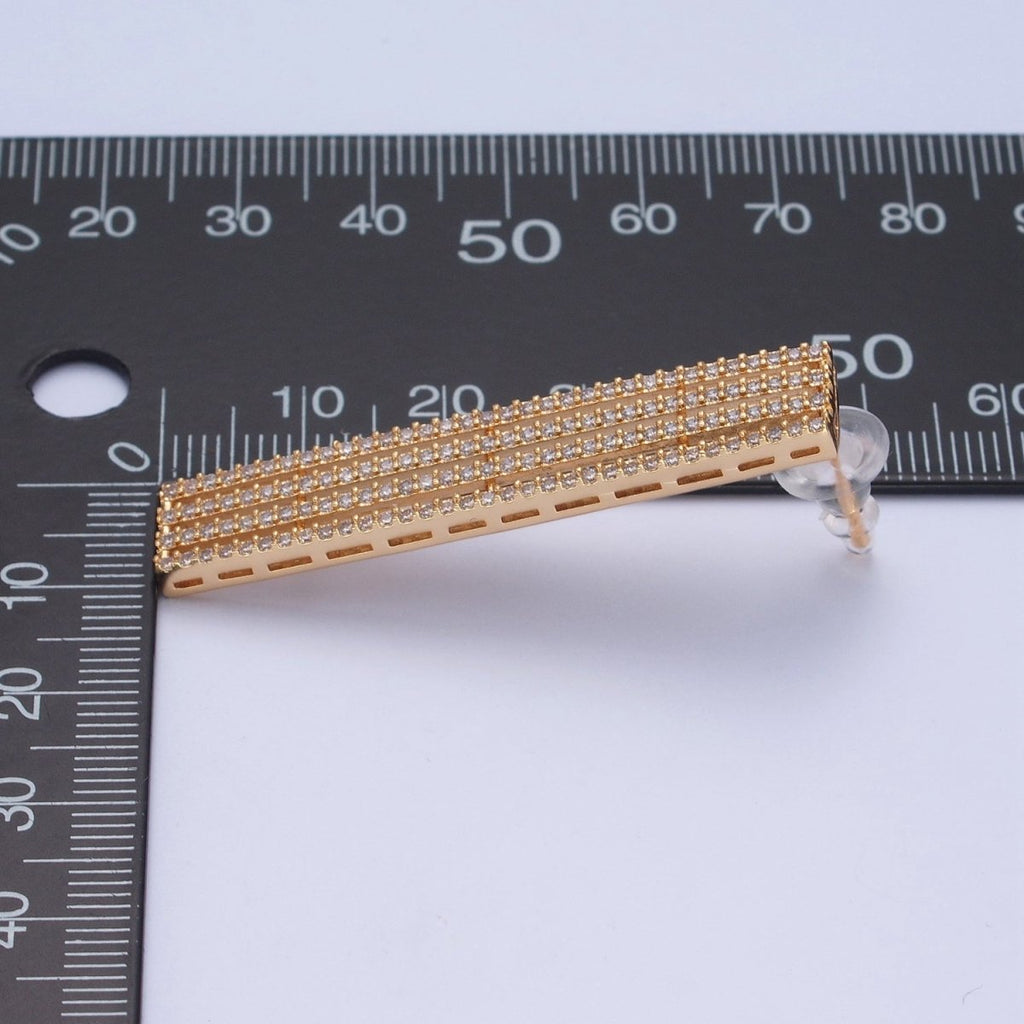 24K Gold plated Elongated Micro Pave Bar Stud Earrings P-309 - DLUXCA