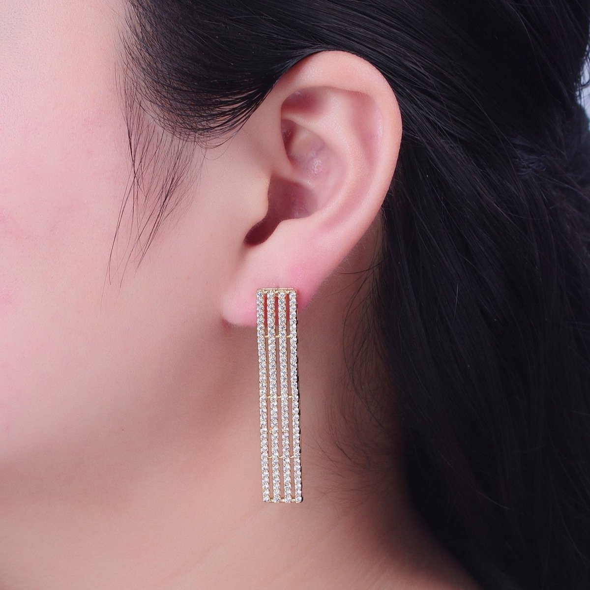 24K Gold plated Elongated Micro Pave Bar Stud Earrings P-309 - DLUXCA