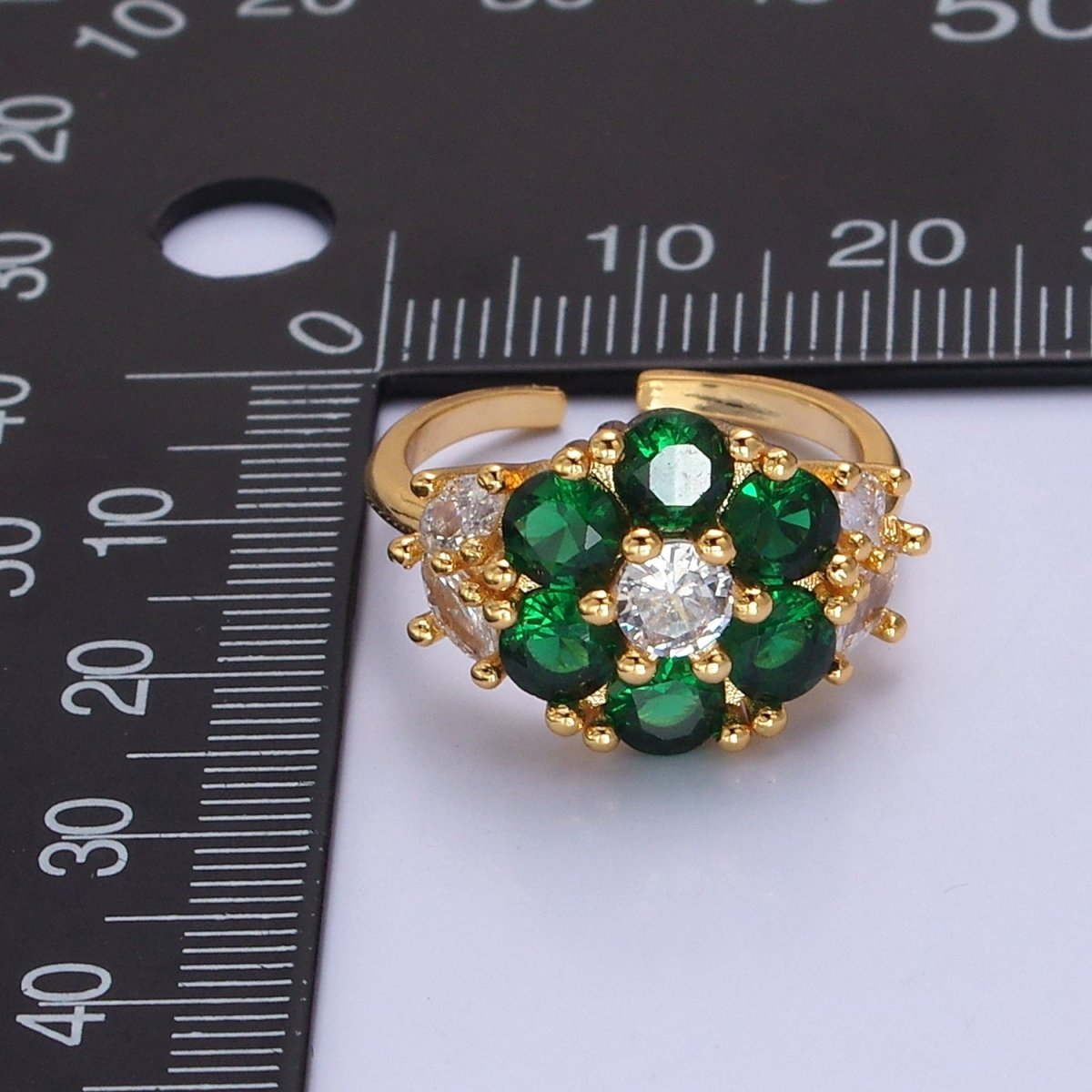 24K Gold plated Emerald Flower Ring, Clear & Green Cubic Zirconia CZ Nature Promise Ring, O-2293 - DLUXCA