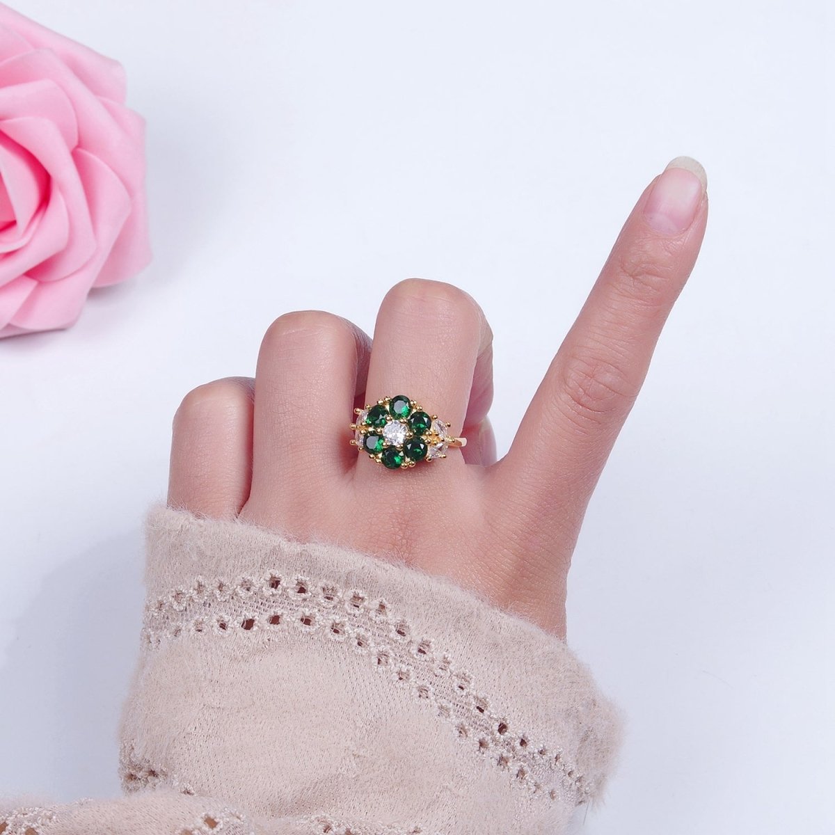 24K Gold plated Emerald Flower Ring, Clear & Green Cubic Zirconia CZ Nature Promise Ring, O-2293 - DLUXCA
