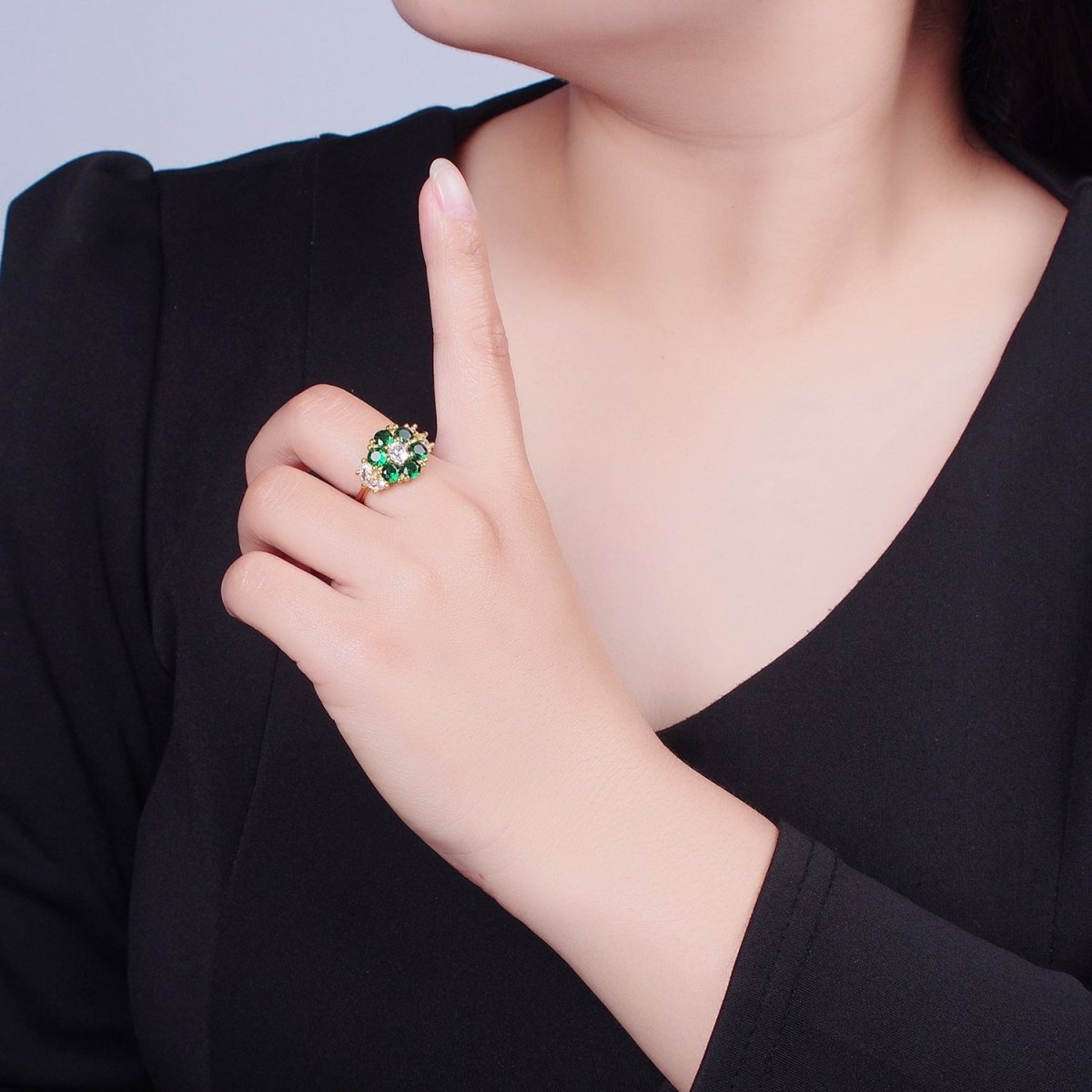 24K Gold plated Emerald Flower Ring, Clear & Green Cubic Zirconia CZ Nature Promise Ring, O-2293 - DLUXCA