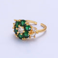 24K Gold plated Emerald Flower Ring, Clear & Green Cubic Zirconia CZ Nature Promise Ring, O-2293 - DLUXCA