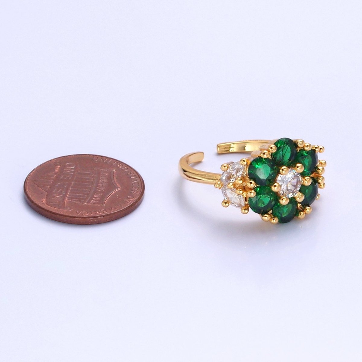 24K Gold plated Emerald Flower Ring, Clear & Green Cubic Zirconia CZ Nature Promise Ring, O-2293 - DLUXCA