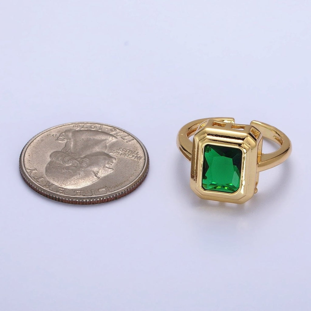 24K Gold plated Emerald Green Baguette CZ Adjustable Ring in Gold & Silver | R-231 R-251
