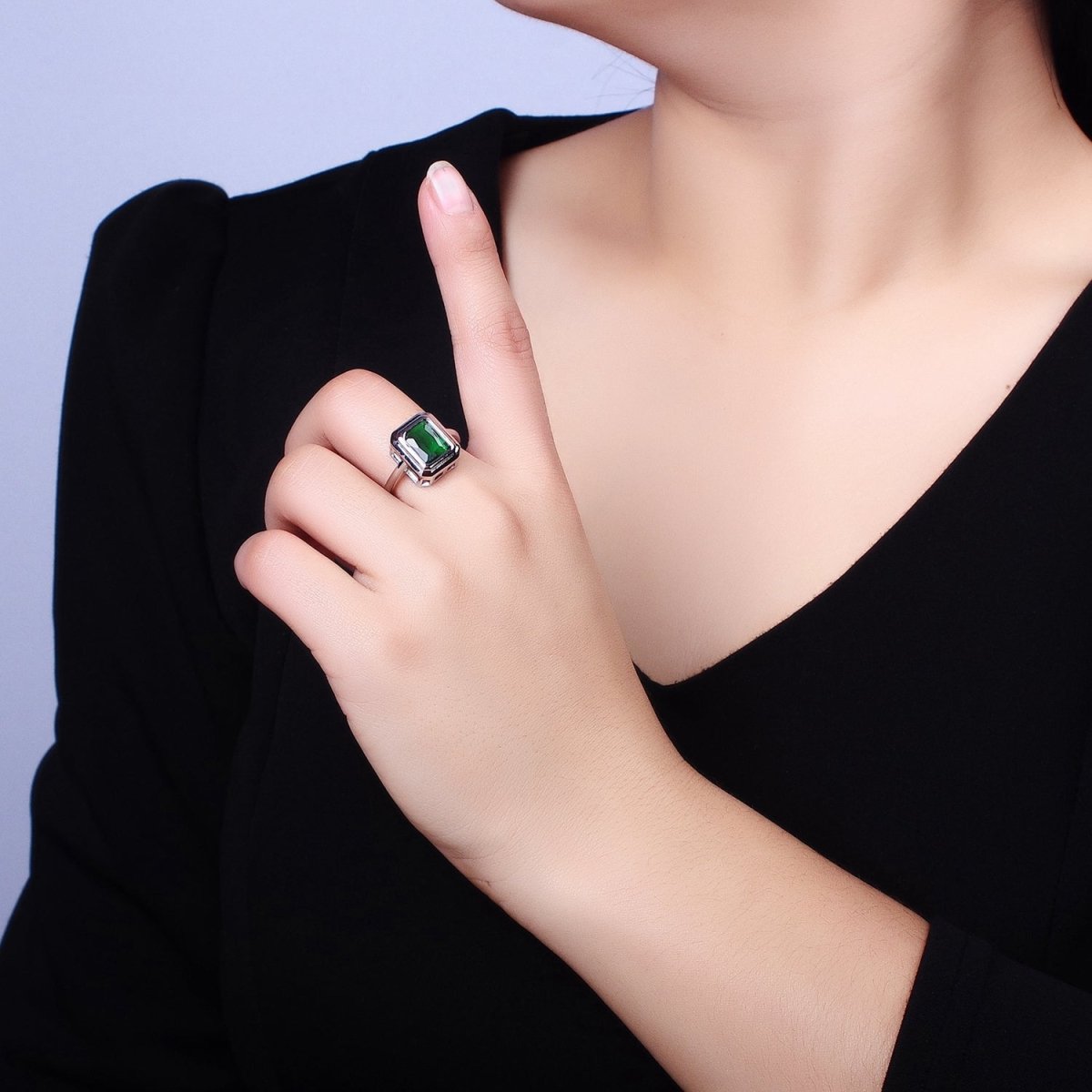 24K Gold plated Emerald Green Baguette CZ Adjustable Ring in Gold & Silver | R-231 R-251