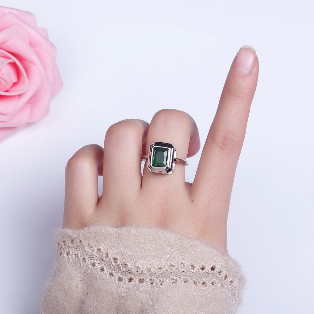 24K Gold plated Emerald Green Baguette CZ Adjustable Ring in Gold & Silver | R-231 R-251