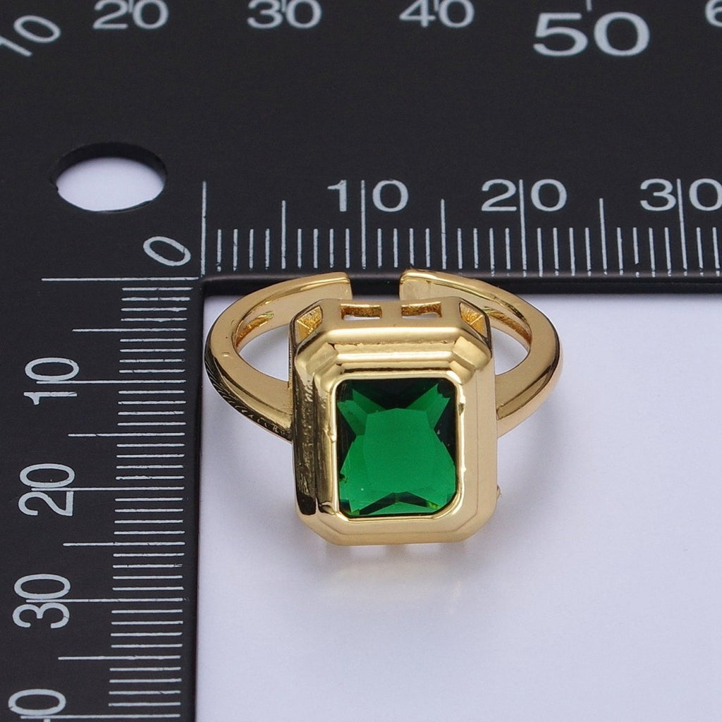 24K Gold plated Emerald Green Baguette CZ Adjustable Ring in Gold & Silver | R-231 R-251