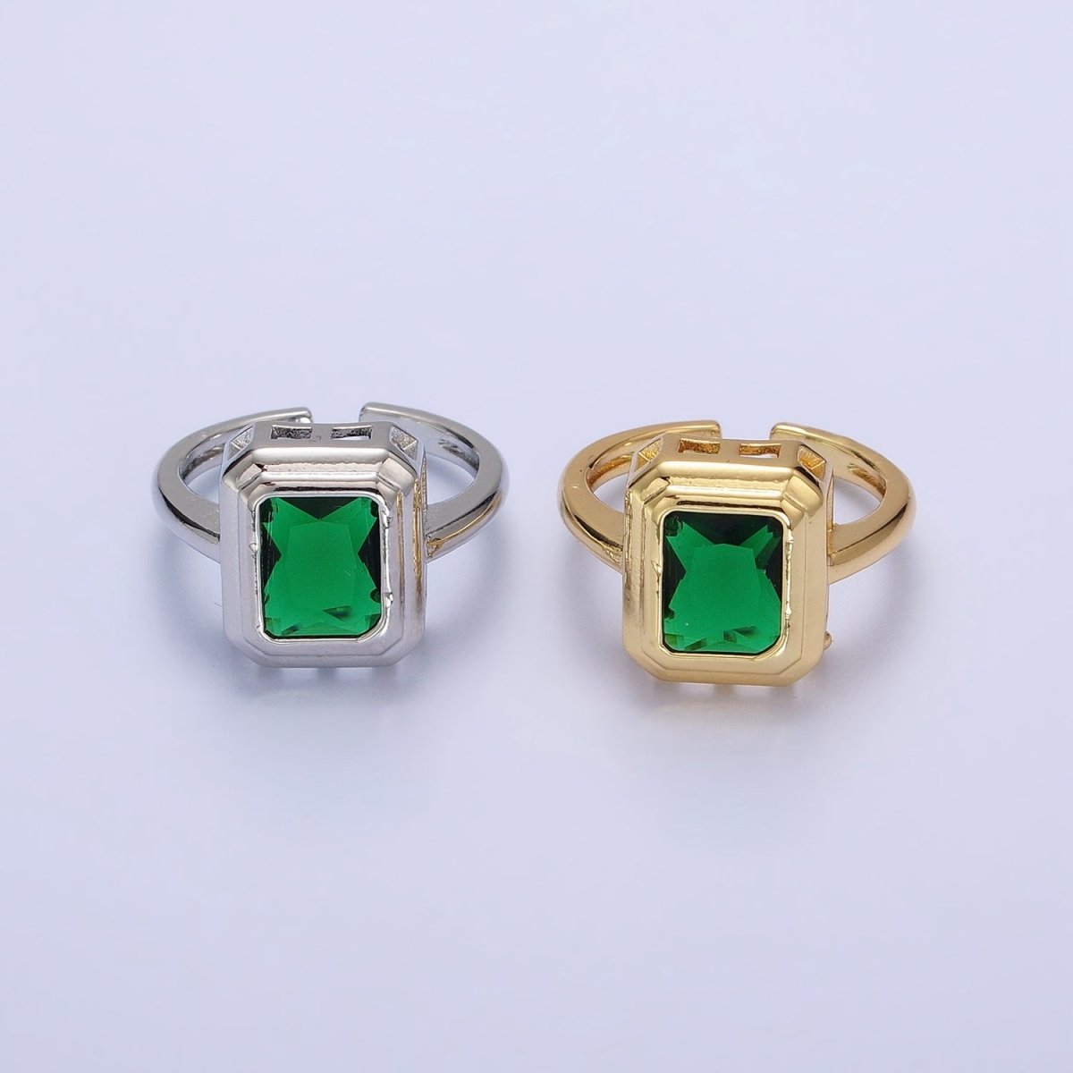 24K Gold plated Emerald Green Baguette CZ Adjustable Ring in Gold & Silver | R-231 R-251