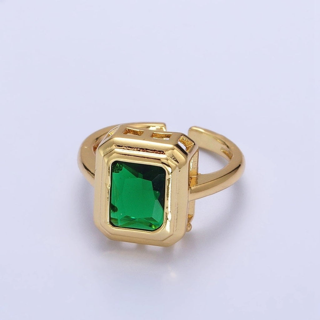 24K Gold plated Emerald Green Baguette CZ Adjustable Ring in Gold & Silver | R-231 R-251
