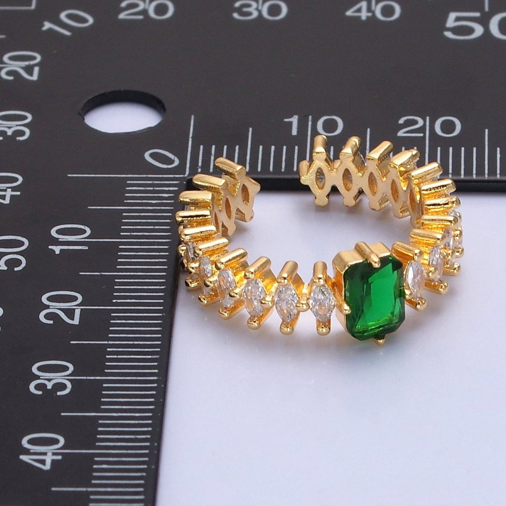 24K Gold plated Emerald Green Baguette Ring with Clear Marquise Band, Cubic Zirconia CZ Promise Ring O-2289 - DLUXCA