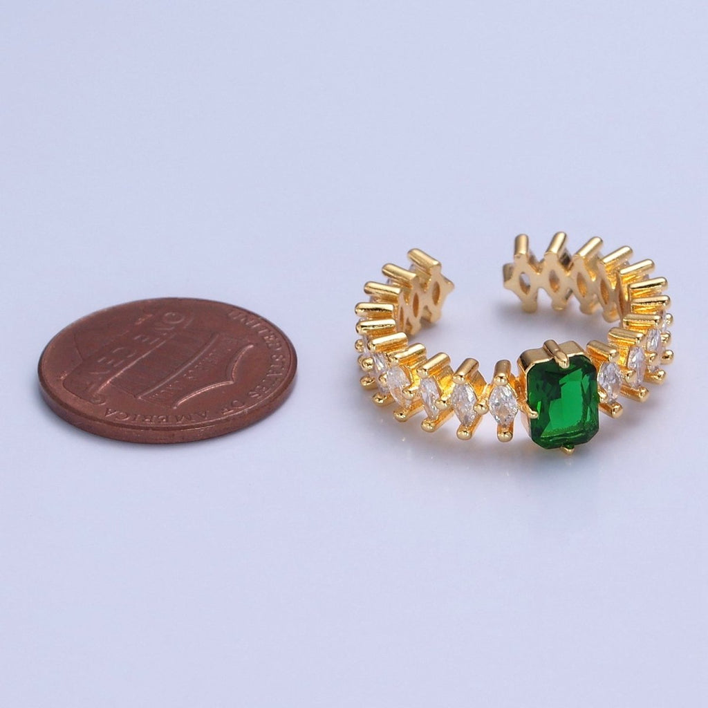 24K Gold plated Emerald Green Baguette Ring with Clear Marquise Band, Cubic Zirconia CZ Promise Ring O-2289 - DLUXCA