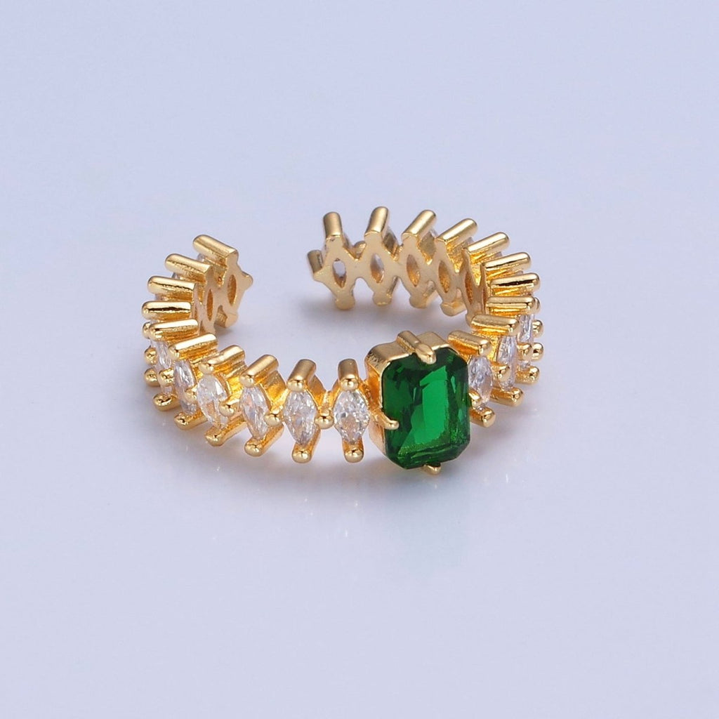 24K Gold plated Emerald Green Baguette Ring with Clear Marquise Band, Cubic Zirconia CZ Promise Ring O-2289 - DLUXCA