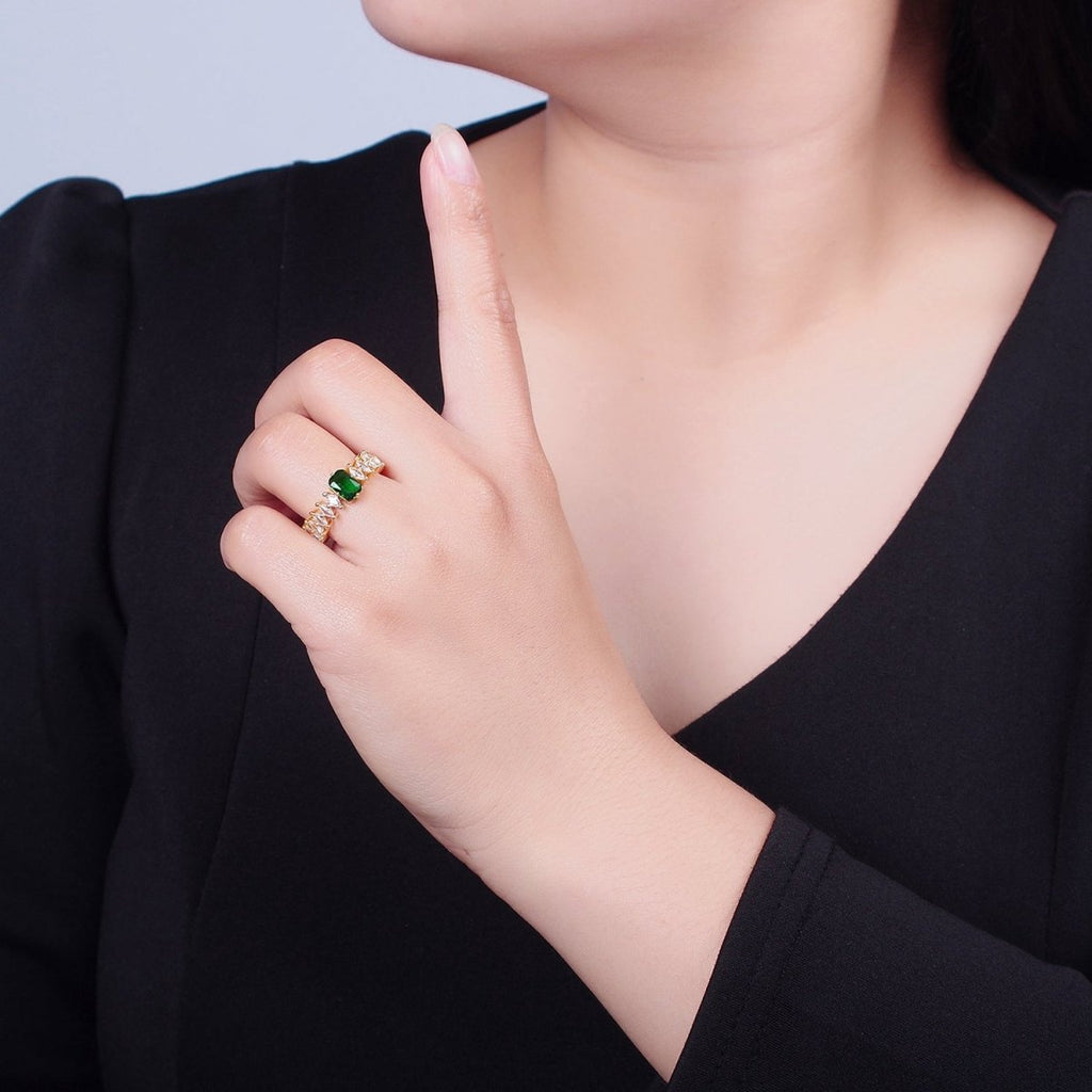 24K Gold plated Emerald Green Baguette Ring with Clear Marquise Band, Cubic Zirconia CZ Promise Ring O-2289 - DLUXCA