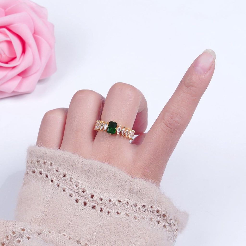 24K Gold plated Emerald Green Baguette Ring with Clear Marquise Band, Cubic Zirconia CZ Promise Ring O-2289 - DLUXCA