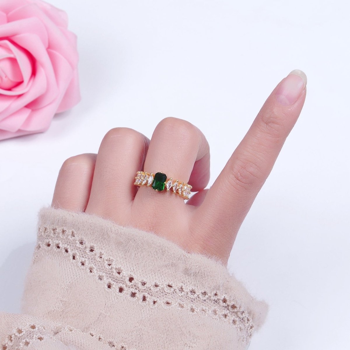 24K Gold plated Emerald Green Baguette Ring with Clear Marquise Band, Cubic Zirconia CZ Promise Ring O-2289 - DLUXCA