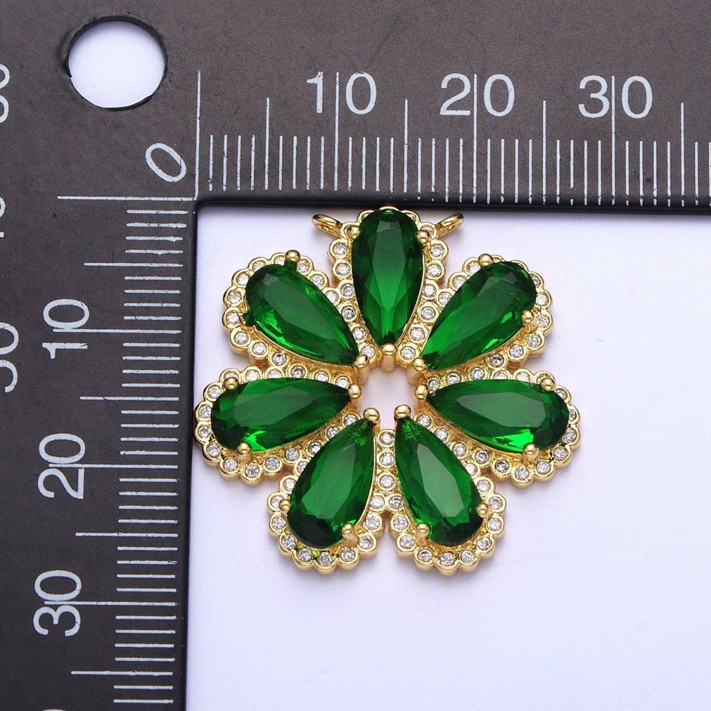 24K Gold plated Emerald Green Daisy Flower Charm Connector For Jewelry Making, Teardrop Cubic Zirconia Petal Plant G-871 - DLUXCA