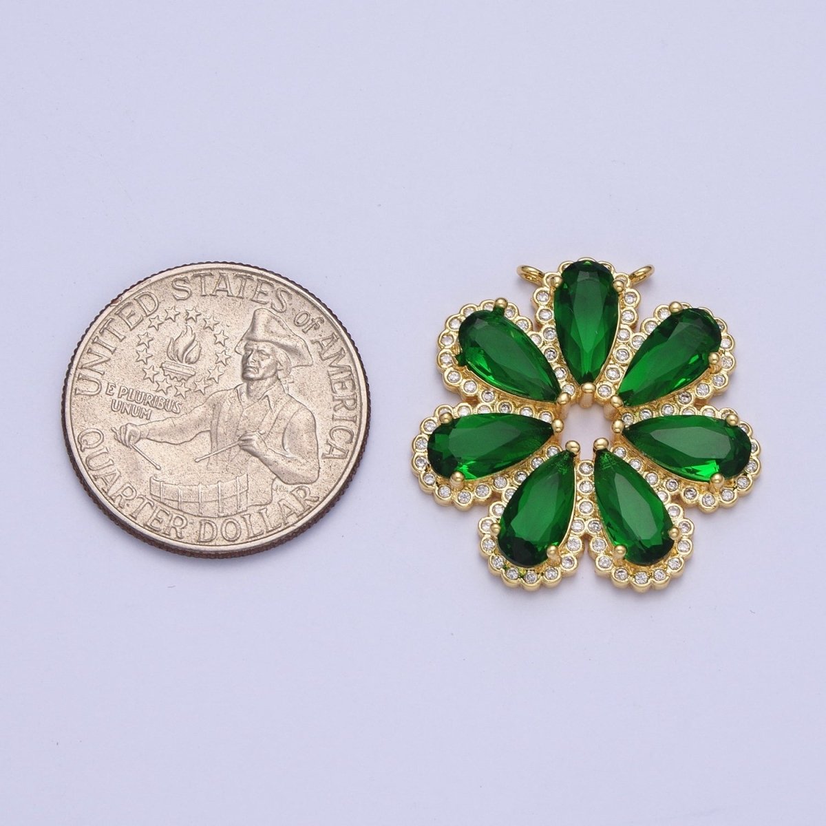 24K Gold plated Emerald Green Daisy Flower Charm Connector For Jewelry Making, Teardrop Cubic Zirconia Petal Plant G-871 - DLUXCA