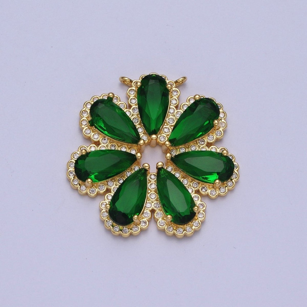 24K Gold plated Emerald Green Daisy Flower Charm Connector For Jewelry Making, Teardrop Cubic Zirconia Petal Plant G-871 - DLUXCA