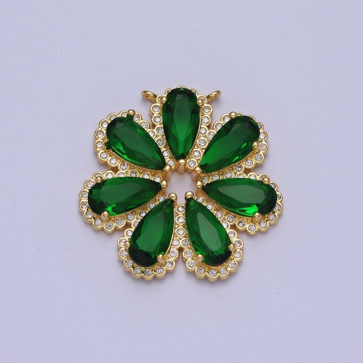 24K Gold plated Emerald Green Daisy Flower Charm Connector For Jewelry Making, Teardrop Cubic Zirconia Petal Plant G-871 - DLUXCA