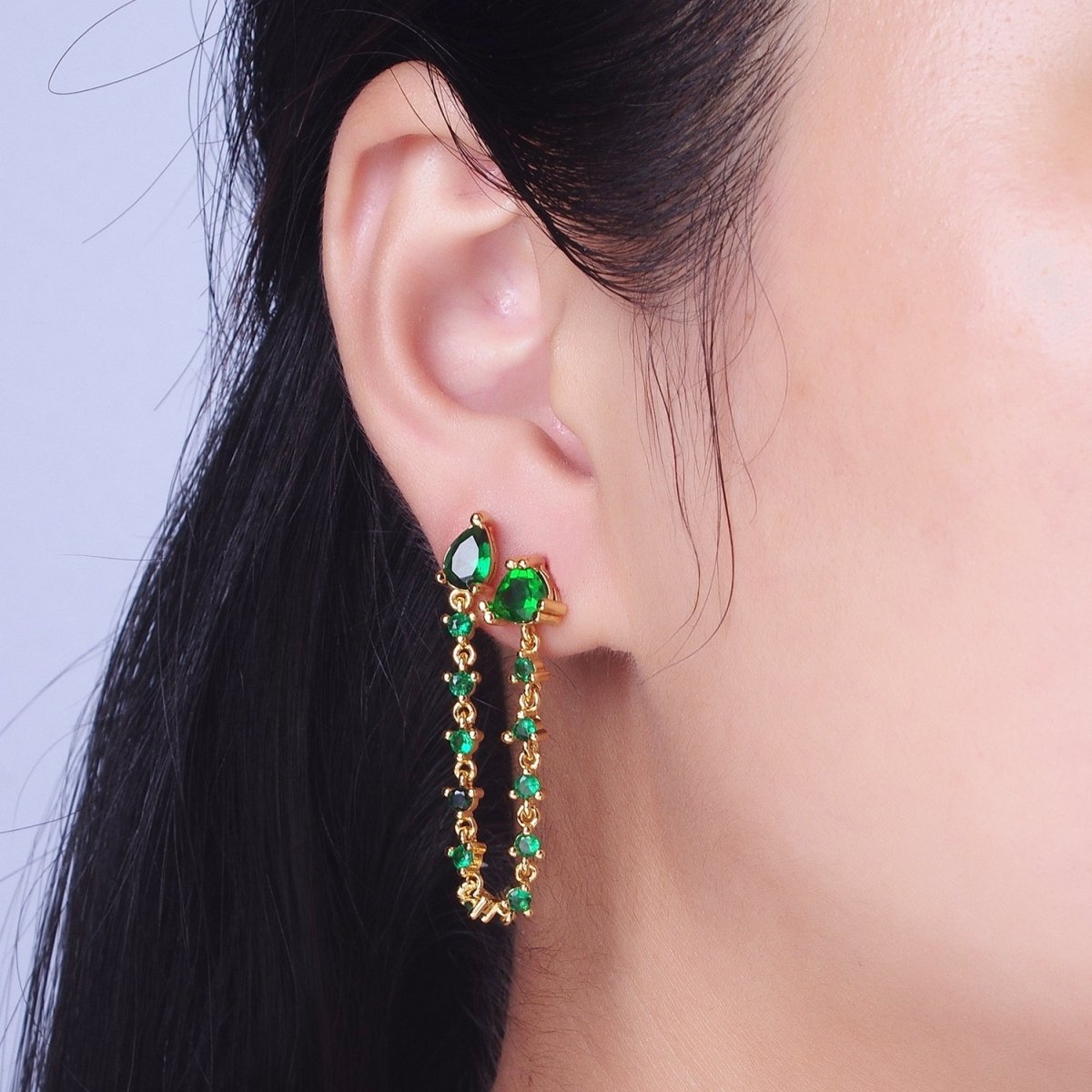 24K Gold plated Emerald Green Double Cubic Zirconia Teardrop Round Stud Chain Earring | AE-1055 - DLUXCA