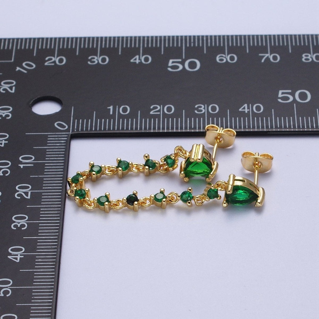 24K Gold plated Emerald Green Double Cubic Zirconia Teardrop Round Stud Chain Earring | AE-1055 - DLUXCA