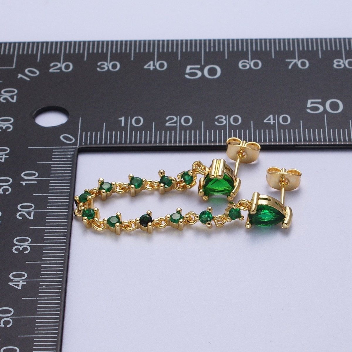24K Gold plated Emerald Green Double Cubic Zirconia Teardrop Round Stud Chain Earring | AE-1055 - DLUXCA