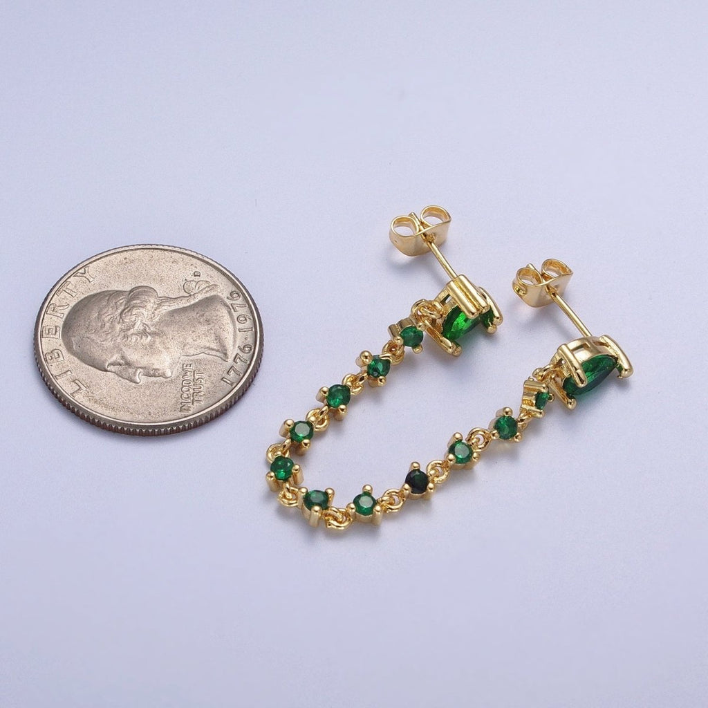 24K Gold plated Emerald Green Double Cubic Zirconia Teardrop Round Stud Chain Earring | AE-1055 - DLUXCA