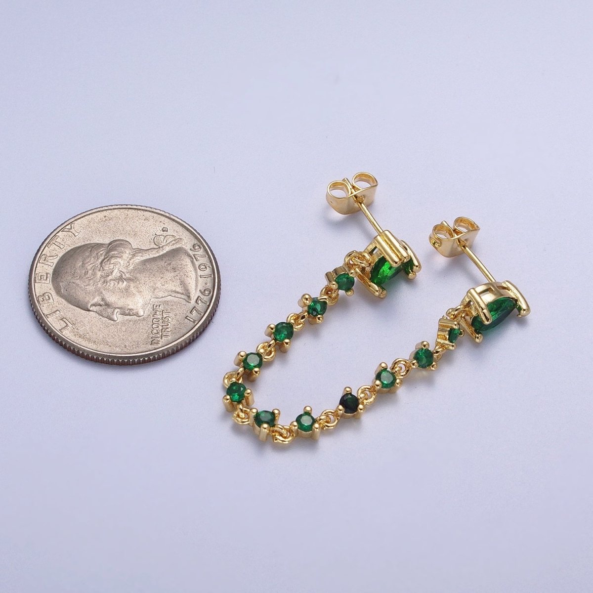 24K Gold plated Emerald Green Double Cubic Zirconia Teardrop Round Stud Chain Earring | AE-1055 - DLUXCA