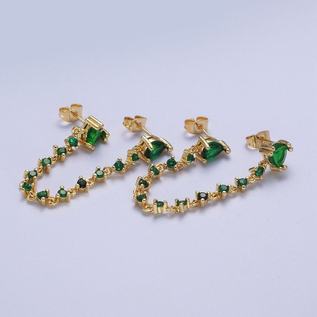 24K Gold plated Emerald Green Double Cubic Zirconia Teardrop Round Stud Chain Earring | AE-1055 - DLUXCA