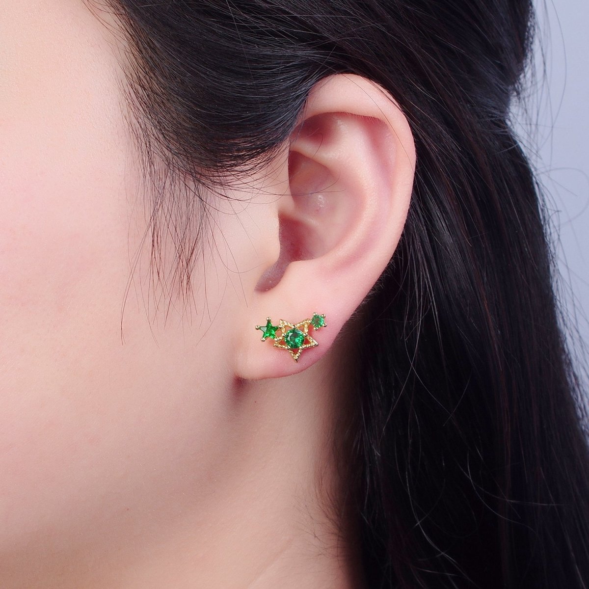 24K Gold plated Emerald Green Star Studs, Celestial Night Cubic Zirconia CZ Earrings V-432 - DLUXCA