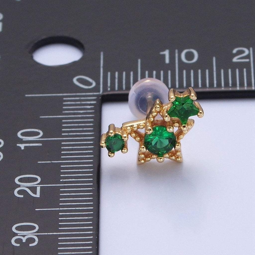 24K Gold plated Emerald Green Star Studs, Celestial Night Cubic Zirconia CZ Earrings V-432 - DLUXCA
