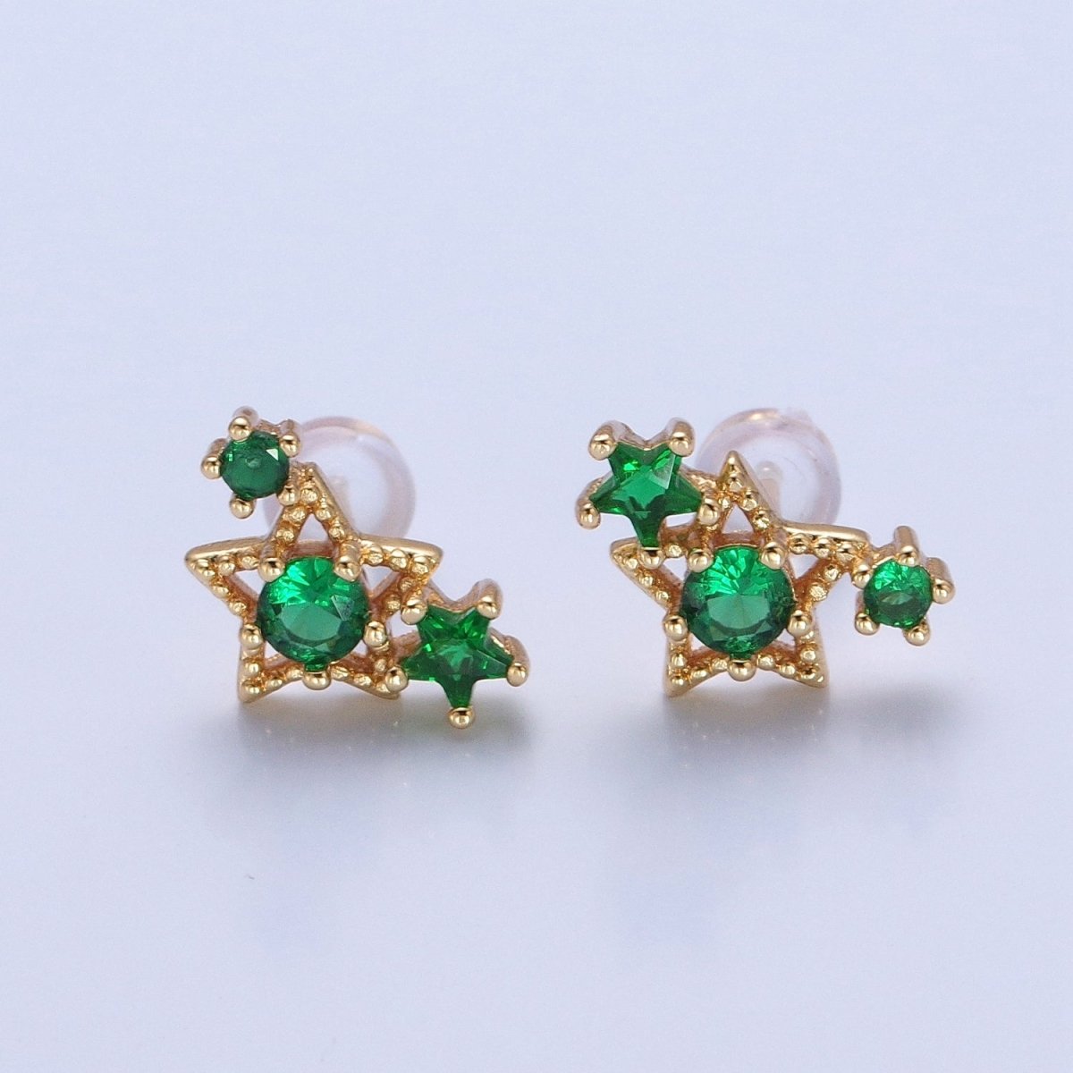 24K Gold plated Emerald Green Star Studs, Celestial Night Cubic Zirconia CZ Earrings V-432 - DLUXCA