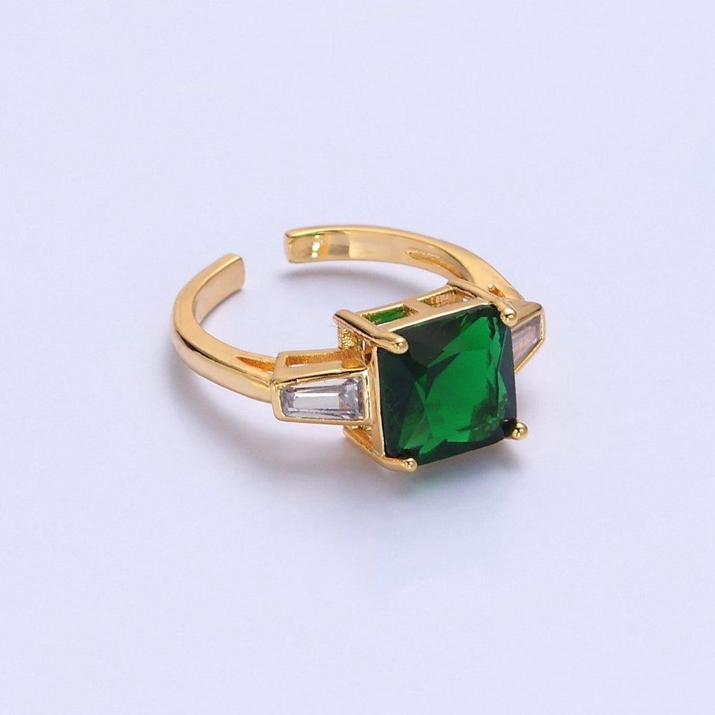 24K Gold plated Emerald Promise Ring, Green & Clear Baguette Cubic Zirconia CZ Ring O-2294 - DLUXCA