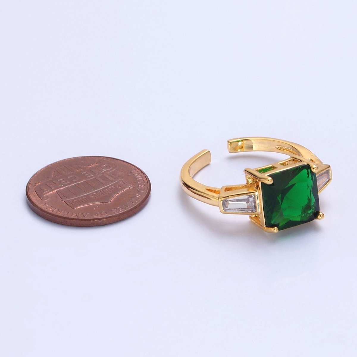 24K Gold plated Emerald Promise Ring, Green & Clear Baguette Cubic Zirconia CZ Ring O-2294 - DLUXCA