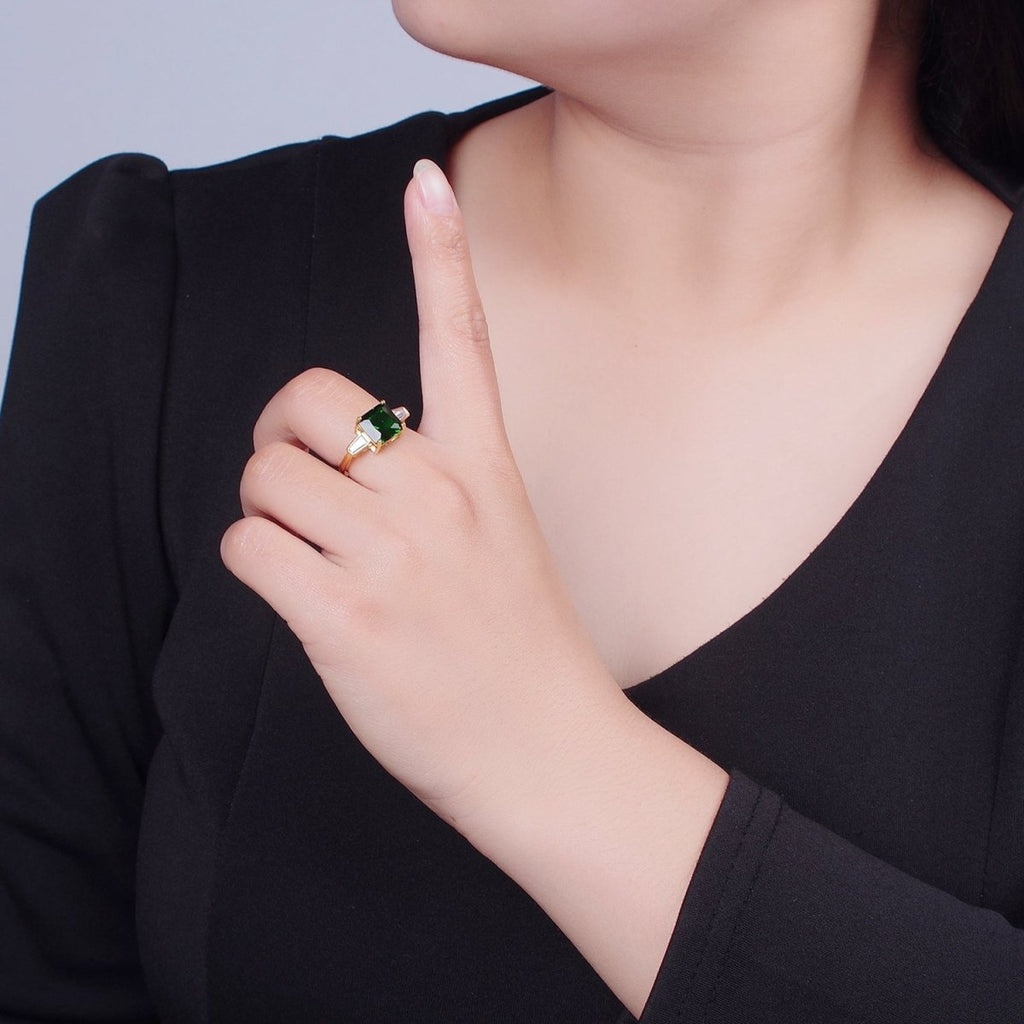 24K Gold plated Emerald Promise Ring, Green & Clear Baguette Cubic Zirconia CZ Ring O-2294 - DLUXCA