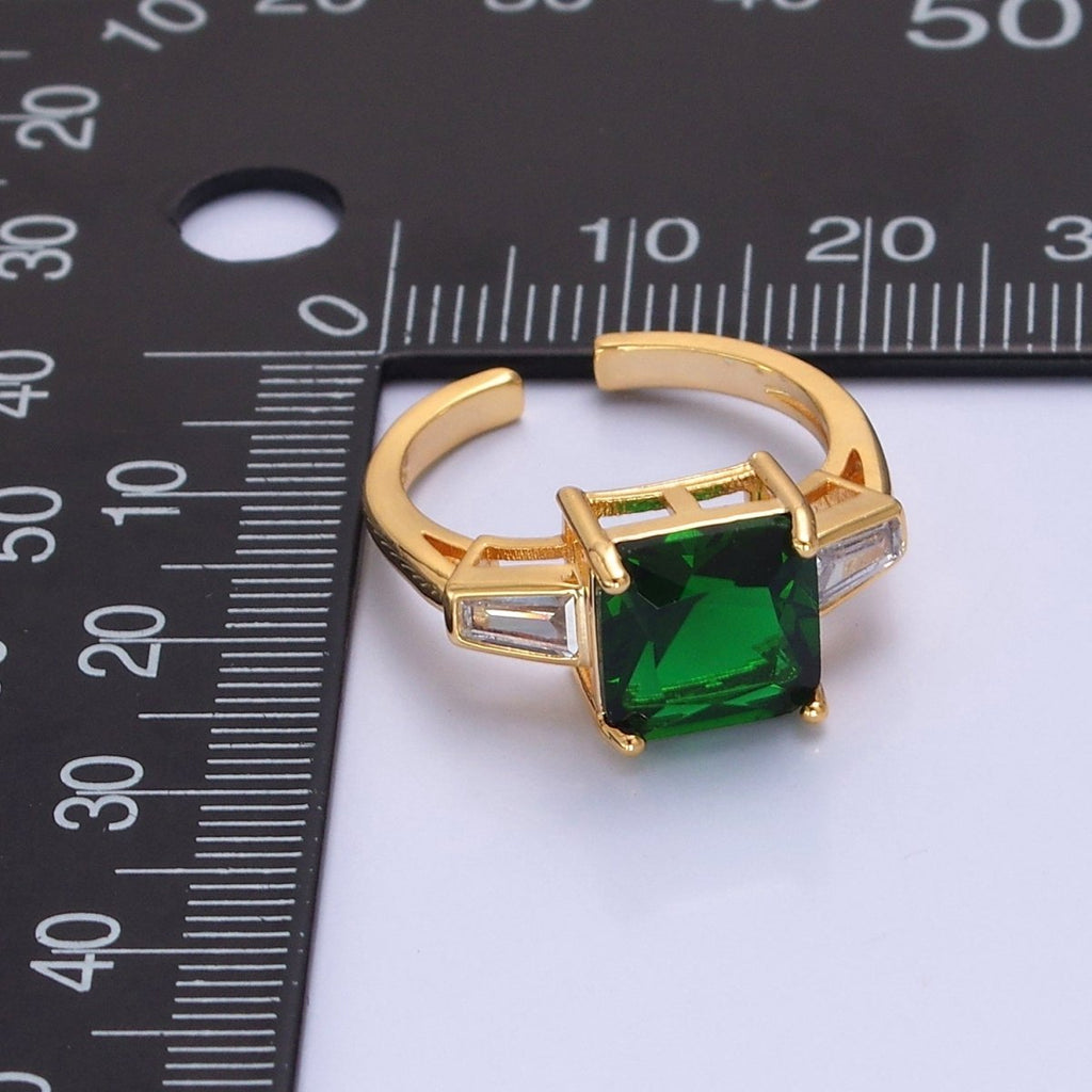 24K Gold plated Emerald Promise Ring, Green & Clear Baguette Cubic Zirconia CZ Ring O-2294 - DLUXCA