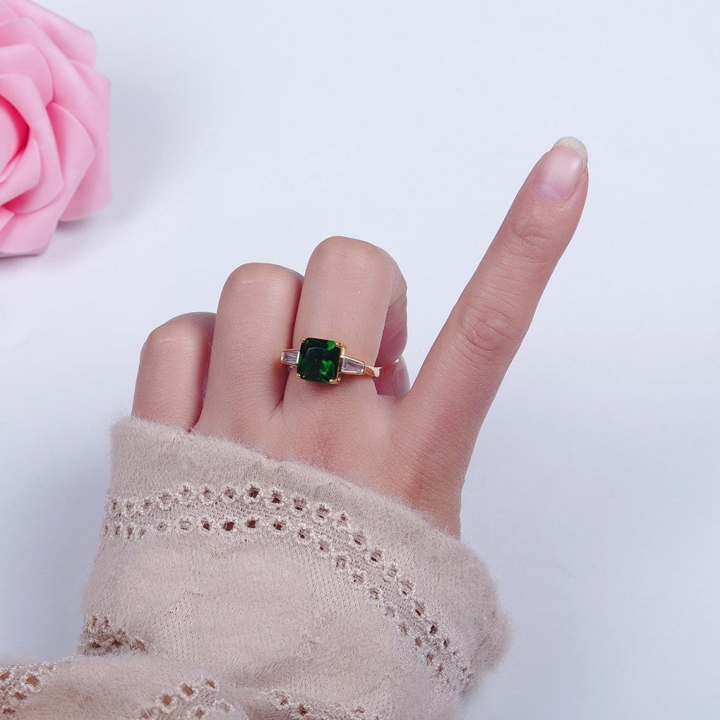 24K Gold plated Emerald Promise Ring, Green & Clear Baguette Cubic Zirconia CZ Ring O-2294 - DLUXCA