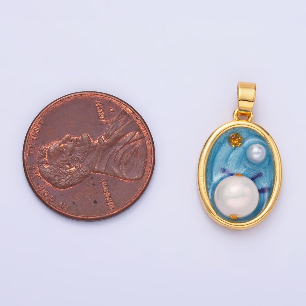 24K Gold plated Enamel Blue Ocean Pearl Pendant | AA - 1471 