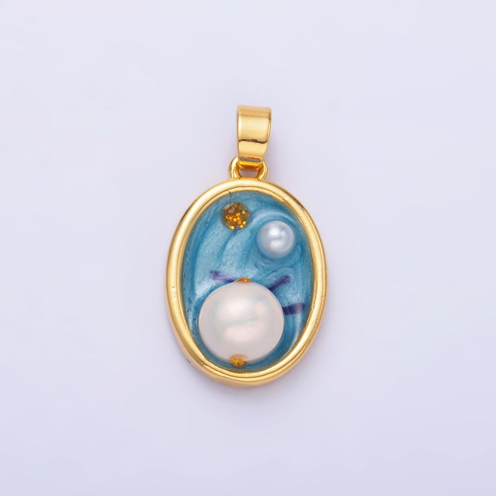 24K Gold plated Enamel Blue Ocean Pearl Pendant | AA - 1471 