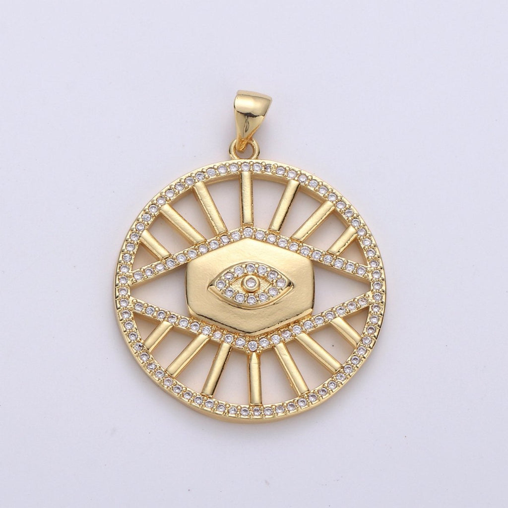 24k Gold plated Evil Eye Charm Micro Pave Cubic Zirconia Round Evil Eye Pendant Charm for Medallion Necklace Component D-085 - DLUXCA