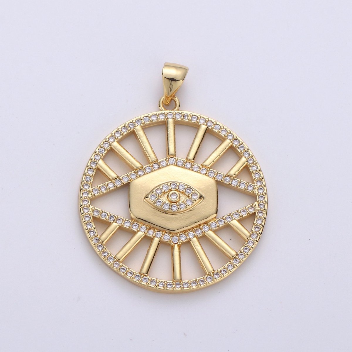 24k Gold plated Evil Eye Charm Micro Pave Cubic Zirconia Round Evil Eye Pendant Charm for Medallion Necklace Component D-085 - DLUXCA