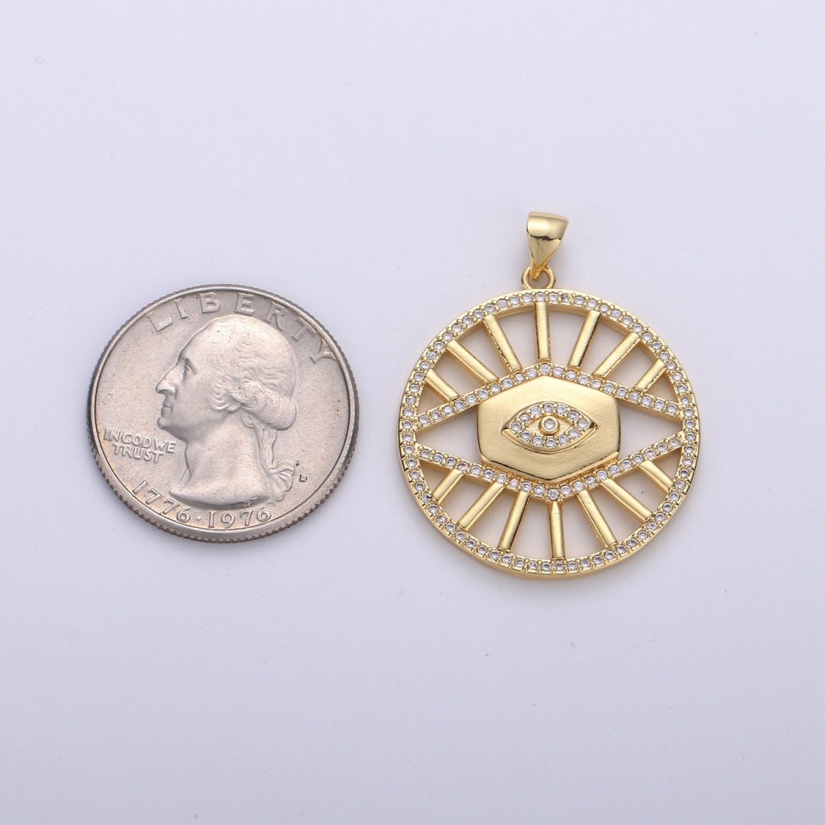 24k Gold plated Evil Eye Charm Micro Pave Cubic Zirconia Round Evil Eye Pendant Charm for Medallion Necklace Component D-085 - DLUXCA