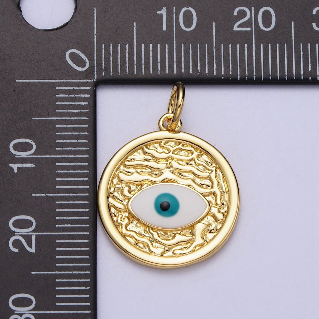24K Gold plated Evil Eye Enamel Textured Round Charm E-457 - DLUXCA