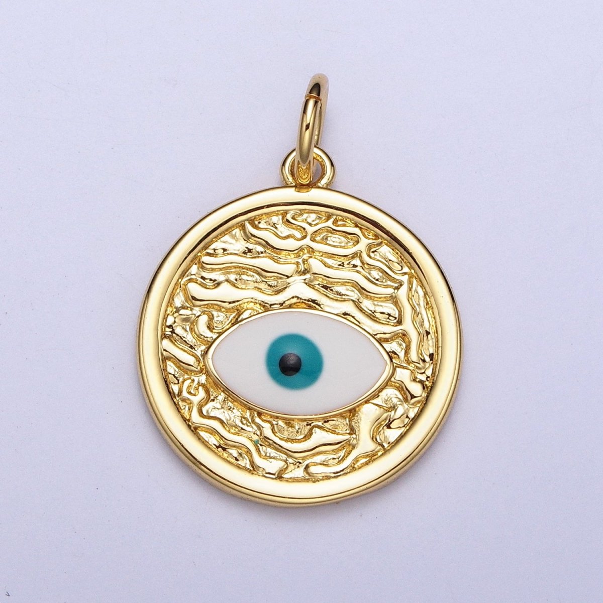 24K Gold plated Evil Eye Enamel Textured Round Charm E-457 - DLUXCA