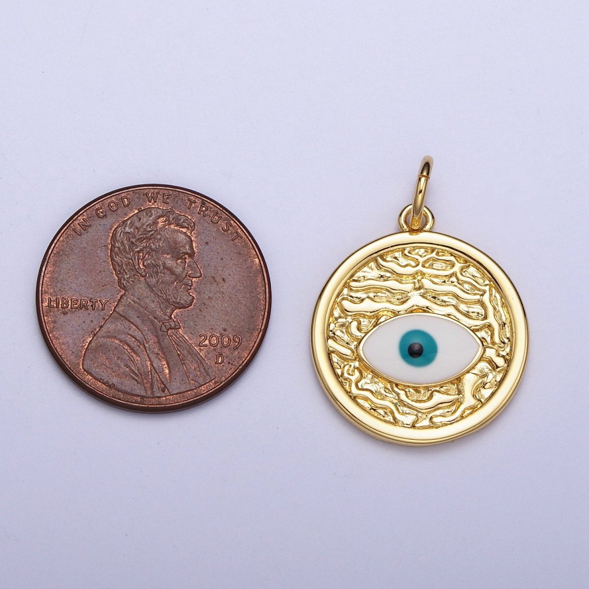 24K Gold plated Evil Eye Enamel Textured Round Charm E-457 - DLUXCA