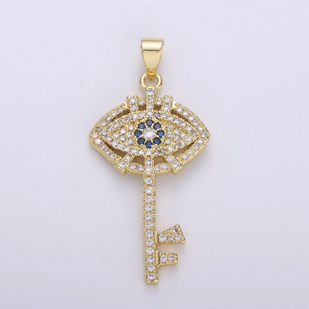 24k Gold plated Evil Eye Pendant Micro Pave Evil Eye Charms, Gold Key Pendant Cubic Key Charm for Necklace I-876 - DLUXCA