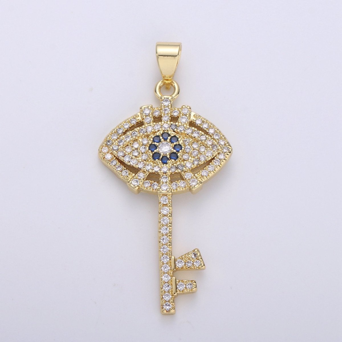 24k Gold plated Evil Eye Pendant Micro Pave Evil Eye Charms, Gold Key Pendant Cubic Key Charm for Necklace I-876 - DLUXCA