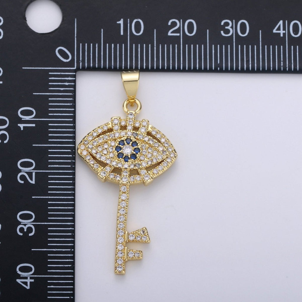 24k Gold plated Evil Eye Pendant Micro Pave Evil Eye Charms, Gold Key Pendant Cubic Key Charm for Necklace I-876 - DLUXCA
