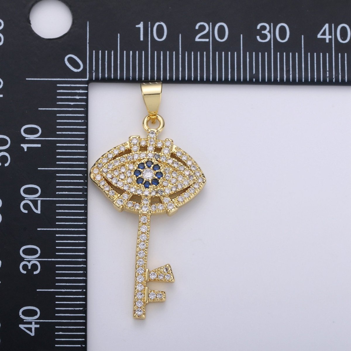 24k Gold plated Evil Eye Pendant Micro Pave Evil Eye Charms, Gold Key Pendant Cubic Key Charm for Necklace I-876 - DLUXCA
