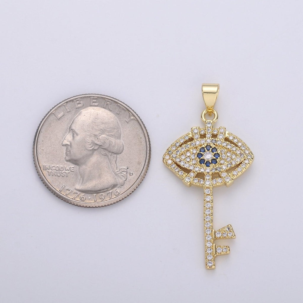 24k Gold plated Evil Eye Pendant Micro Pave Evil Eye Charms, Gold Key Pendant Cubic Key Charm for Necklace I-876 - DLUXCA
